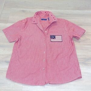 VINTAGE Karen Scott Red STRIPE Short Sleeve STARS Button Down FLAG embroidered